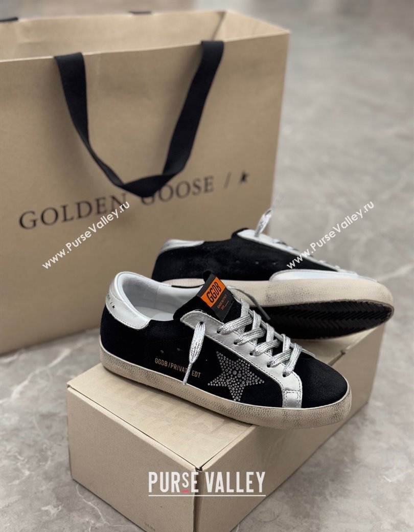 Golden Goose Womens Super-Star Sneakers in black suede with strass star and silver leather inserts 2025 (13-250221003)