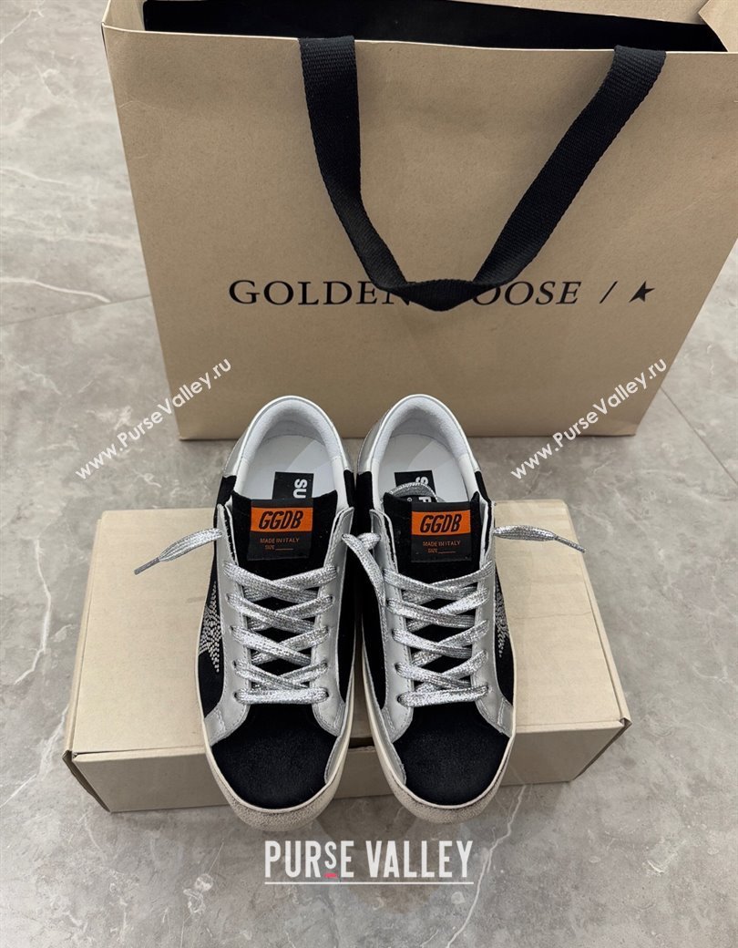 Golden Goose Womens Super-Star Sneakers in black suede with strass star and silver leather inserts 2025 (13-250221003)