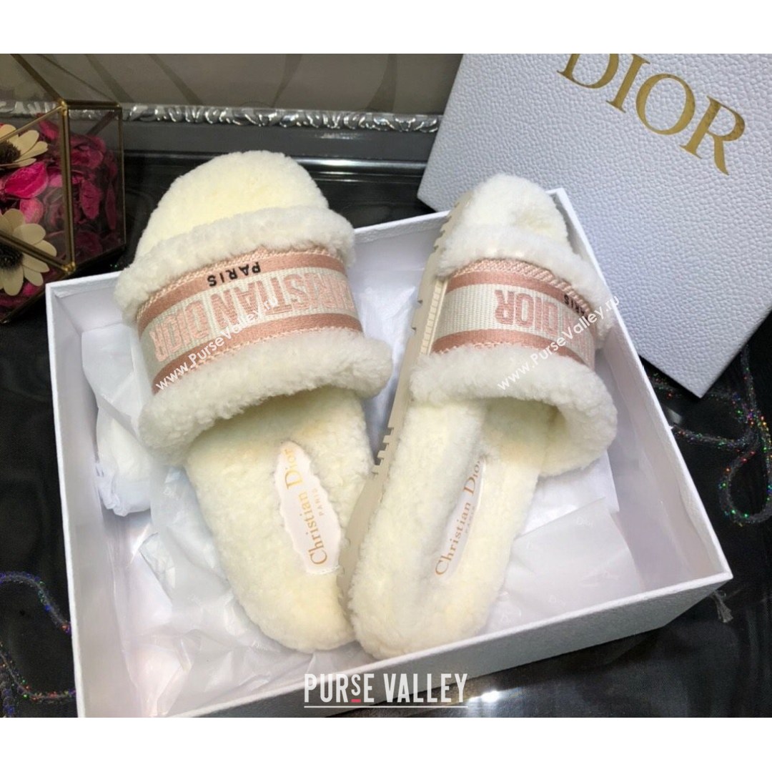 Dior Dway Flat Slide Sandals in Pink Embroidered Cotton and Shearling 2021 (MD-21081028)