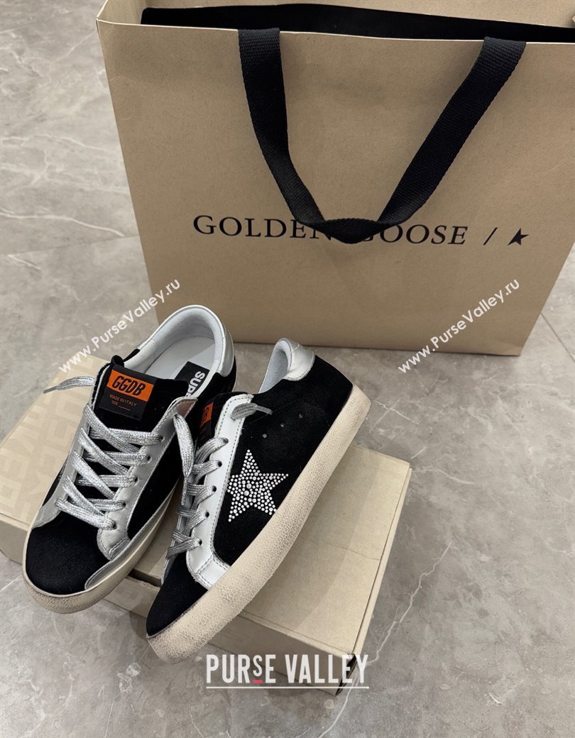 Golden Goose Womens Super-Star Sneakers in black suede with strass star and silver leather inserts 2025 (13-250221003)