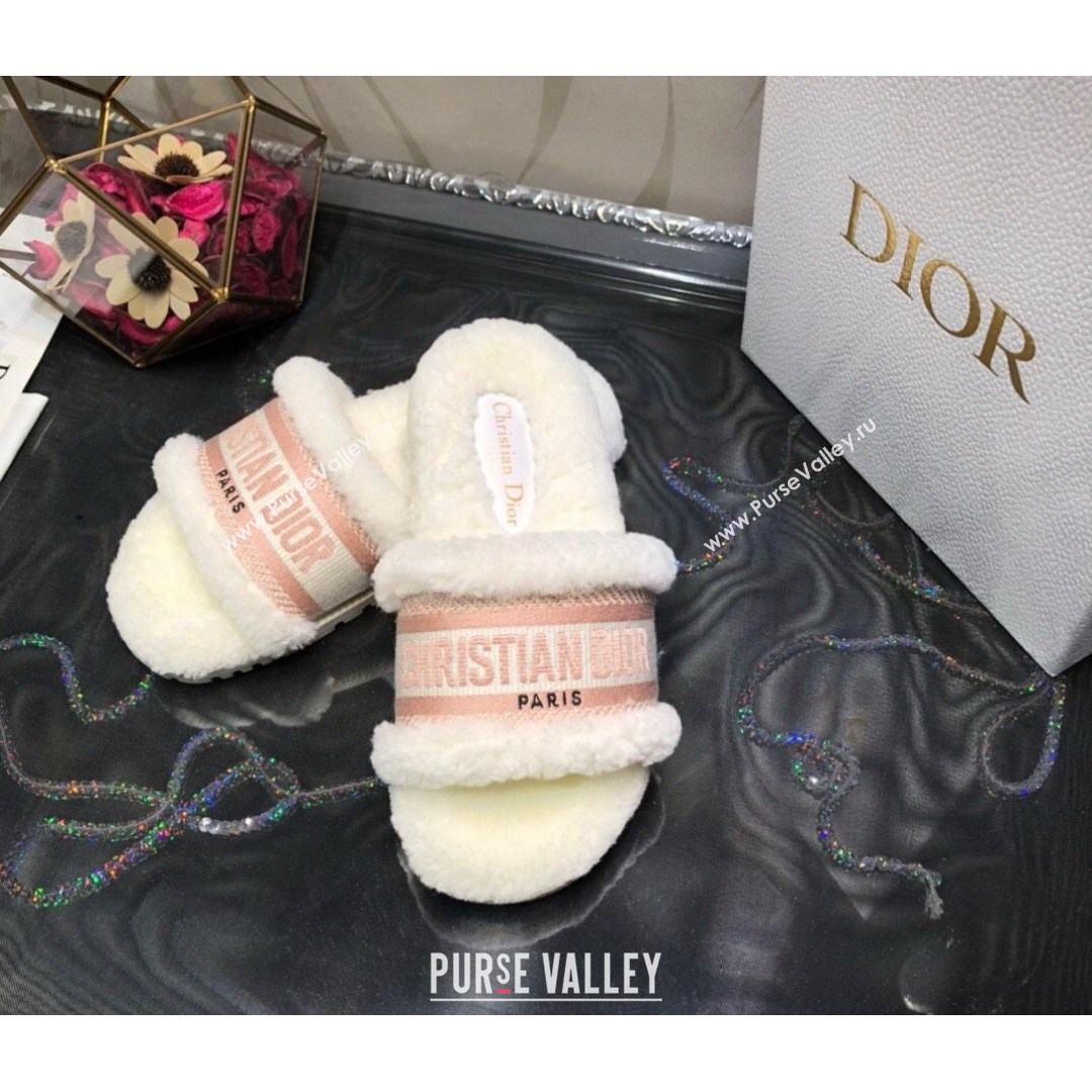 Dior Dway Flat Slide Sandals in Pink Embroidered Cotton and Shearling 2021 (MD-21081028)