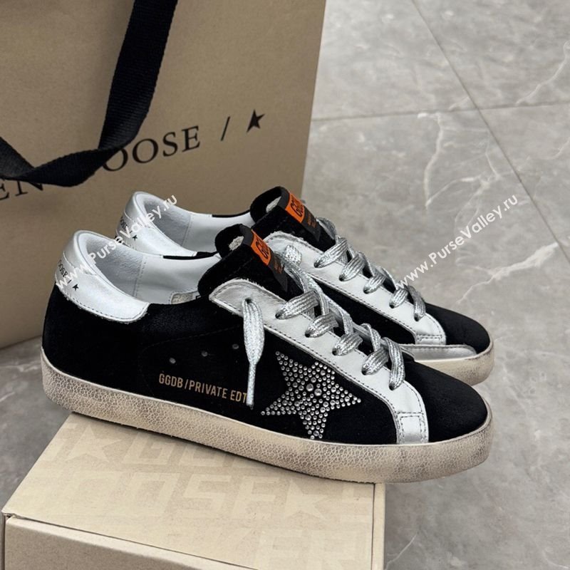 Golden Goose Womens Super-Star Sneakers in black suede with strass star and silver leather inserts 2025 (13-250221003)