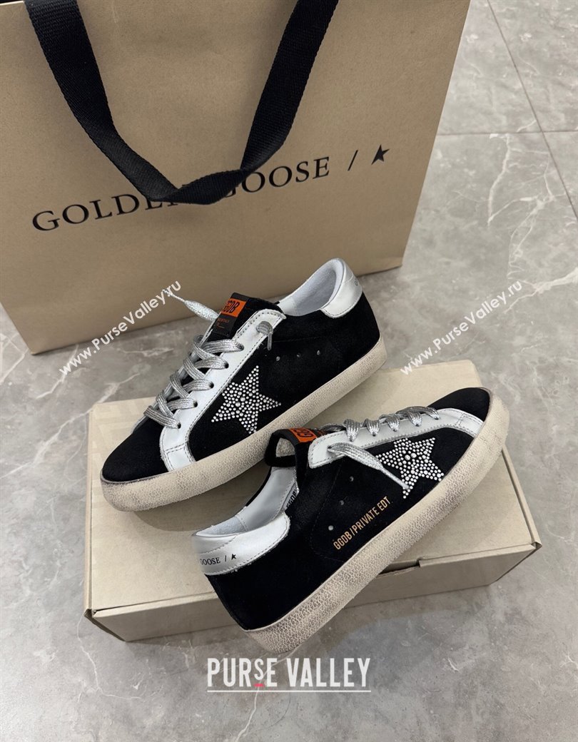 Golden Goose Womens Super-Star Sneakers in black suede with strass star and silver leather inserts 2025 (13-250221003)