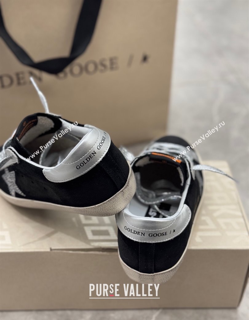Golden Goose Womens Super-Star Sneakers in black suede with strass star and silver leather inserts 2025 (13-250221003)