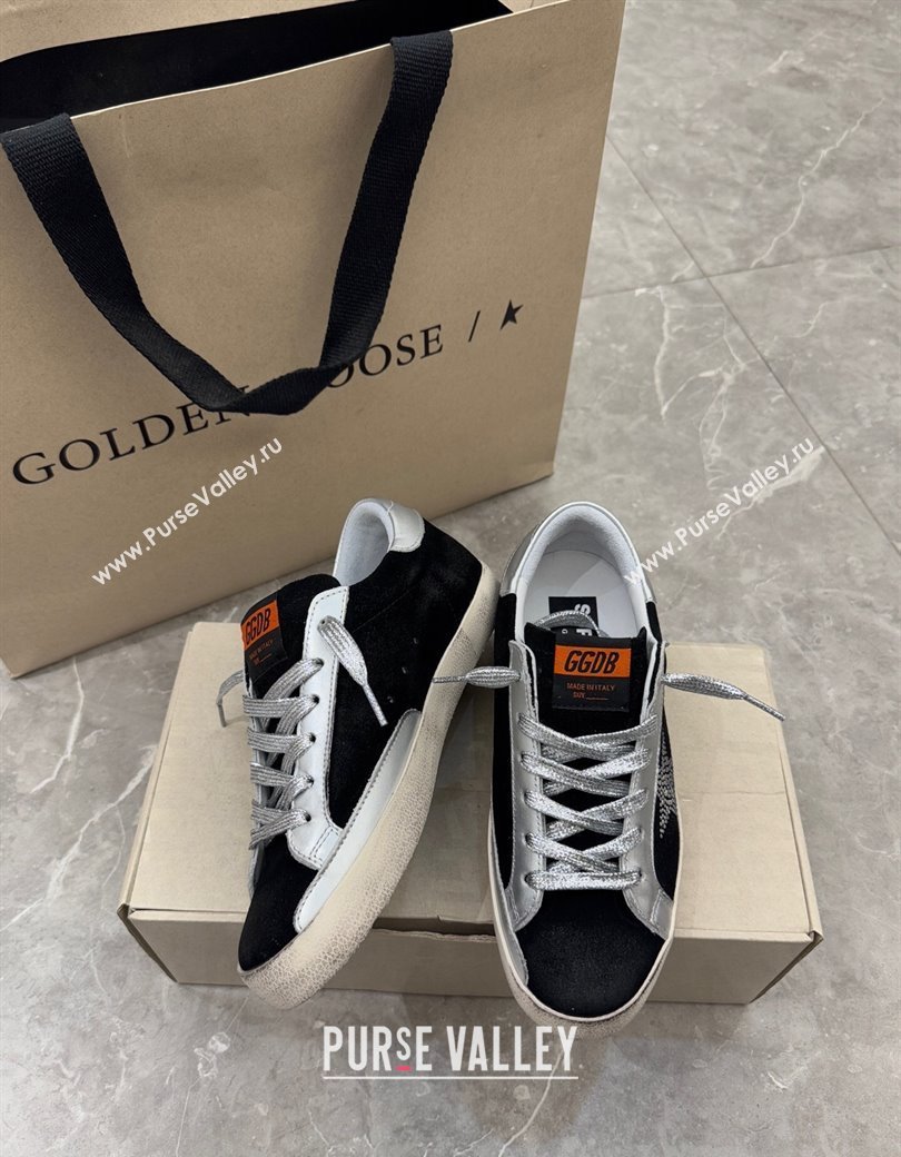 Golden Goose Womens Super-Star Sneakers in black suede with strass star and silver leather inserts 2025 (13-250221003)
