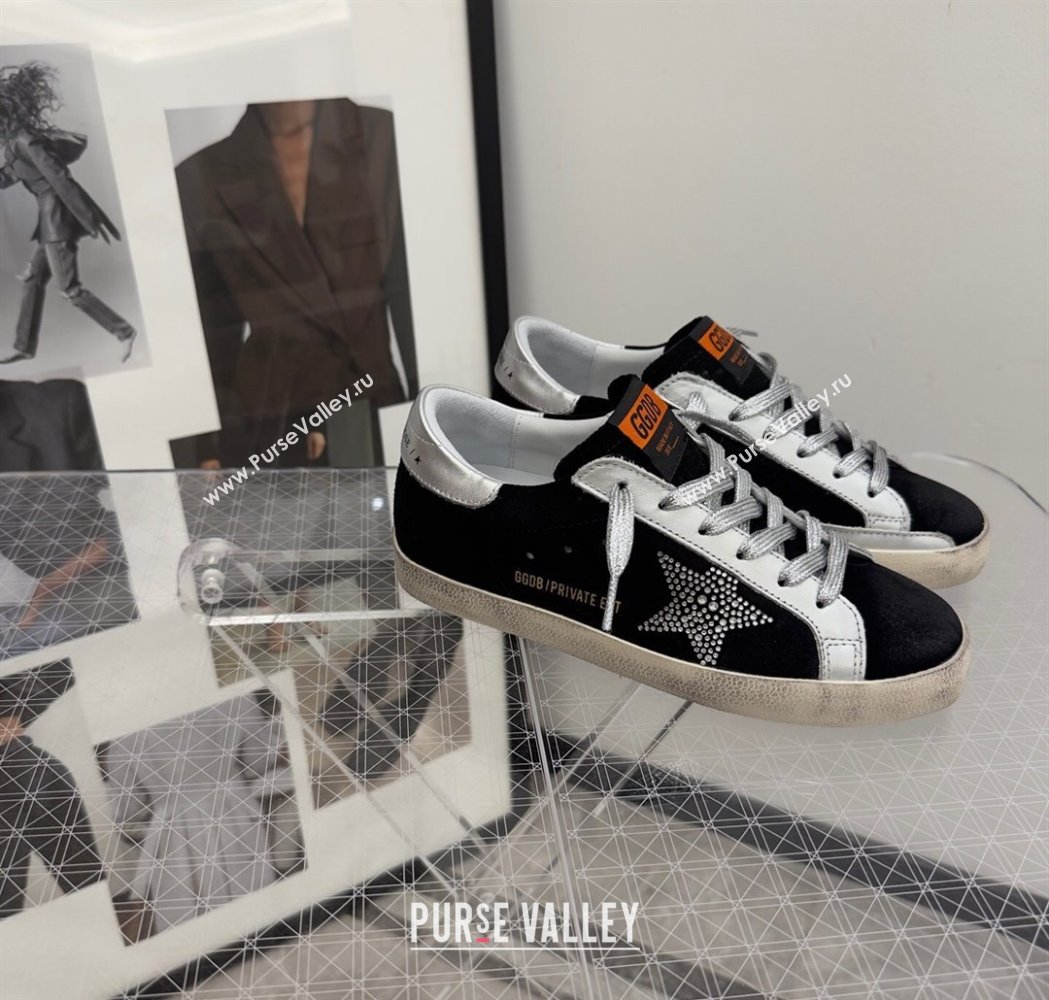 Golden Goose Womens Super-Star Sneakers in black suede with strass star and silver leather inserts 2025 (13-250221003)