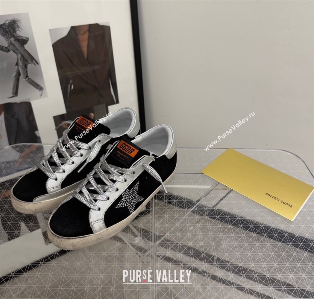 Golden Goose Womens Super-Star Sneakers in black suede with strass star and silver leather inserts 2025 (13-250221003)