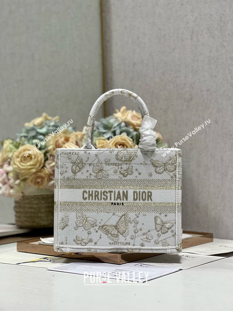 Dior Small Book Tote Bag in Gold-Tone and White Butterfly Zodiac Embroidery 2023 (DL-23122931)