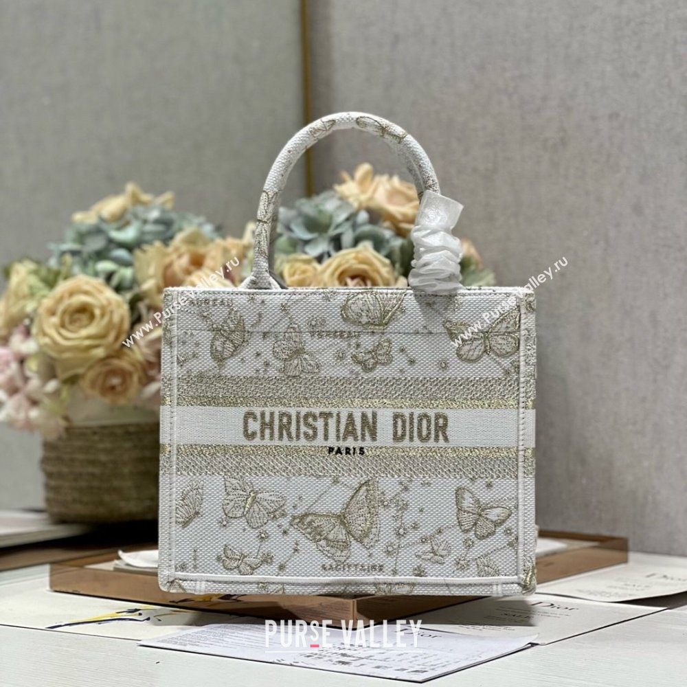 Dior Small Book Tote Bag in Gold-Tone and White Butterfly Zodiac Embroidery 2023 (DL-23122931)