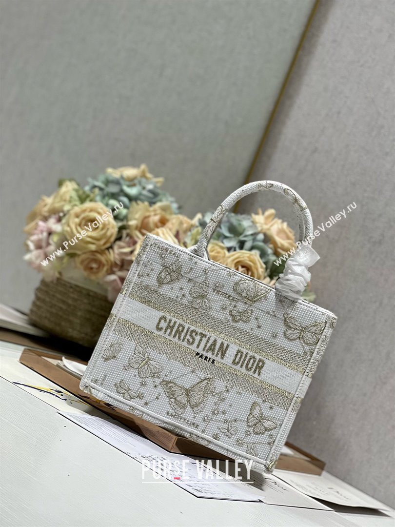 Dior Small Book Tote Bag in Gold-Tone and White Butterfly Zodiac Embroidery 2023 (DL-23122931)