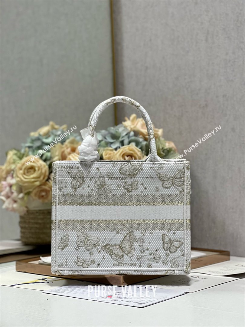 Dior Small Book Tote Bag in Gold-Tone and White Butterfly Zodiac Embroidery 2023 (DL-23122931)