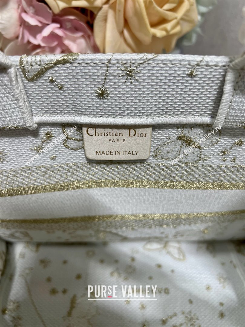 Dior Small Book Tote Bag in Gold-Tone and White Butterfly Zodiac Embroidery 2023 (DL-23122931)