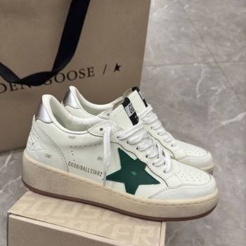 Golden Goose Womens Ball Star 2 Sneakers with green leather star and metallic leather heel tab 2025 0221 (13-250221010)