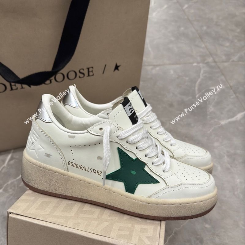 Golden Goose Womens Ball Star 2 Sneakers with green leather star and metallic leather heel tab 2025 0221 (13-250221010)