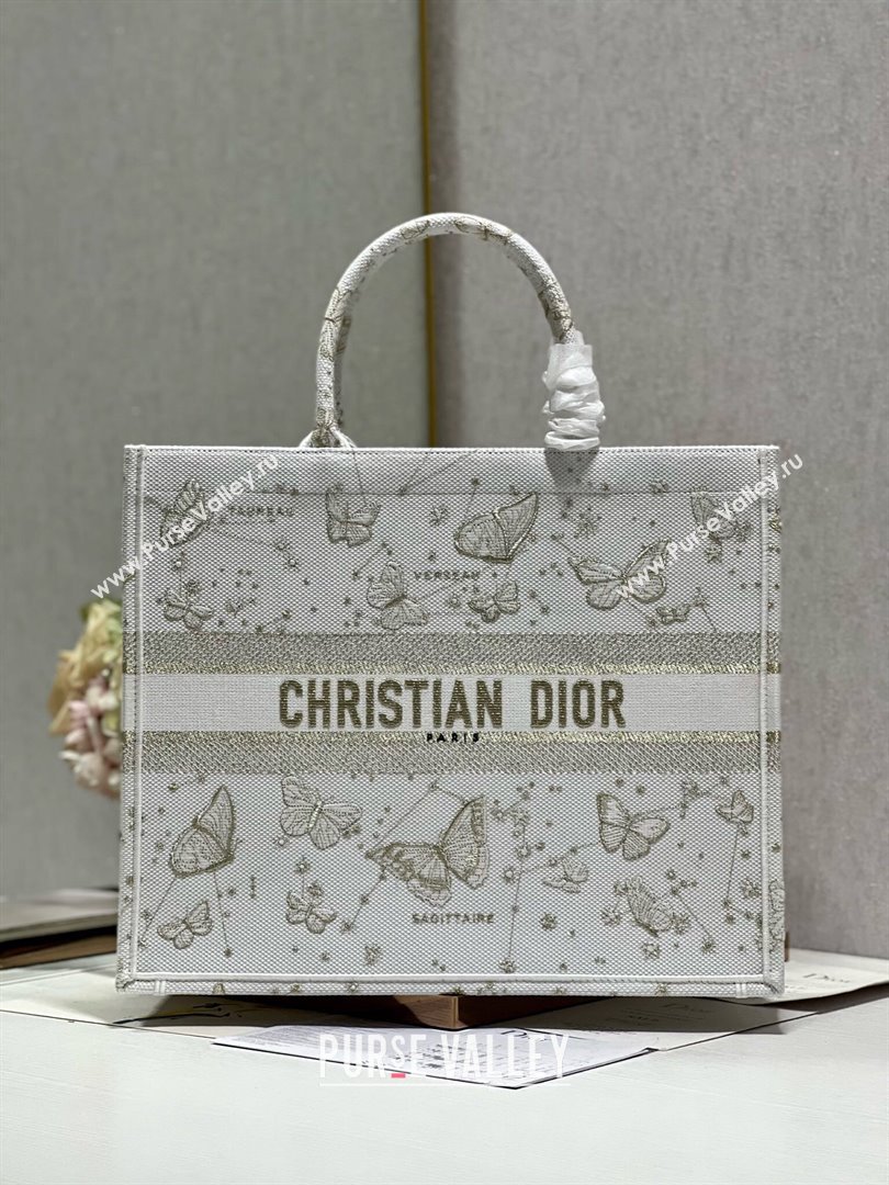 Dior Large Book Tote Bag in Gold-Tone and White Butterfly Zodiac Embroidery 2023 (DL-23122932)