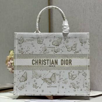 Dior Large Book Tote Bag in Gold-Tone and White Butterfly Zodiac Embroidery 2023 (DL-23122932)