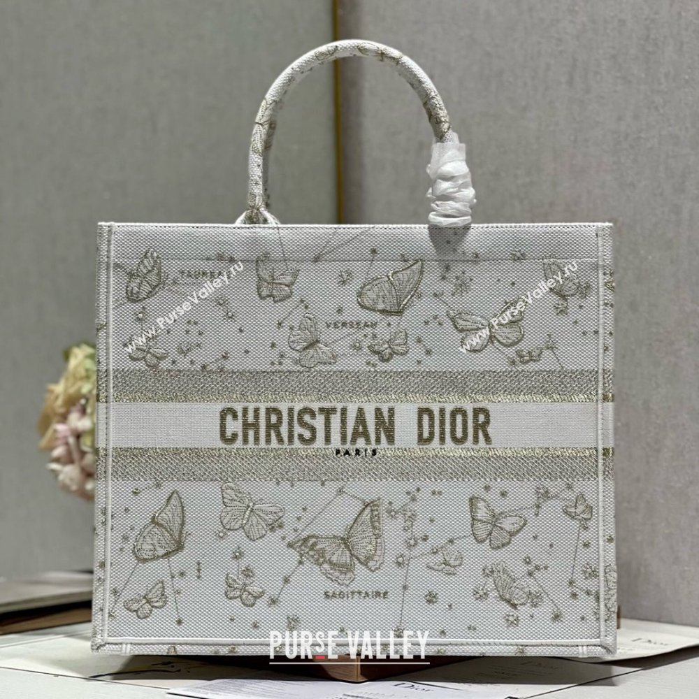 Dior Large Book Tote Bag in Gold-Tone and White Butterfly Zodiac Embroidery 2023 (DL-23122932)