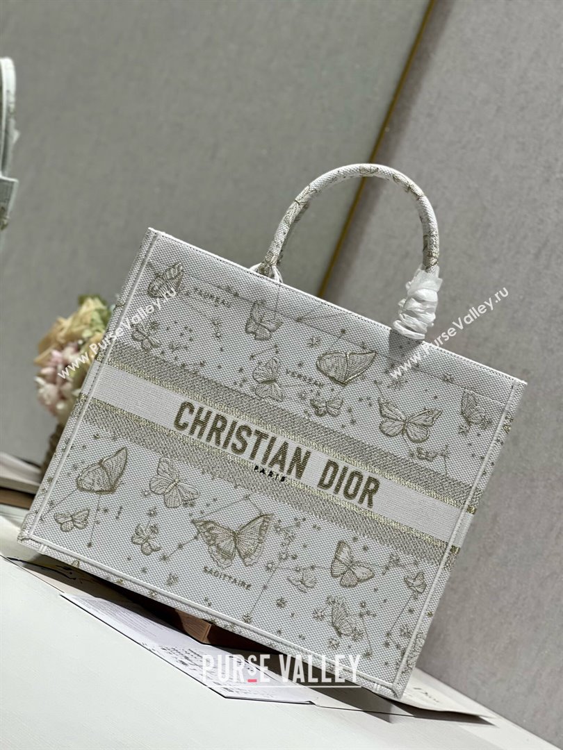 Dior Large Book Tote Bag in Gold-Tone and White Butterfly Zodiac Embroidery 2023 (DL-23122932)