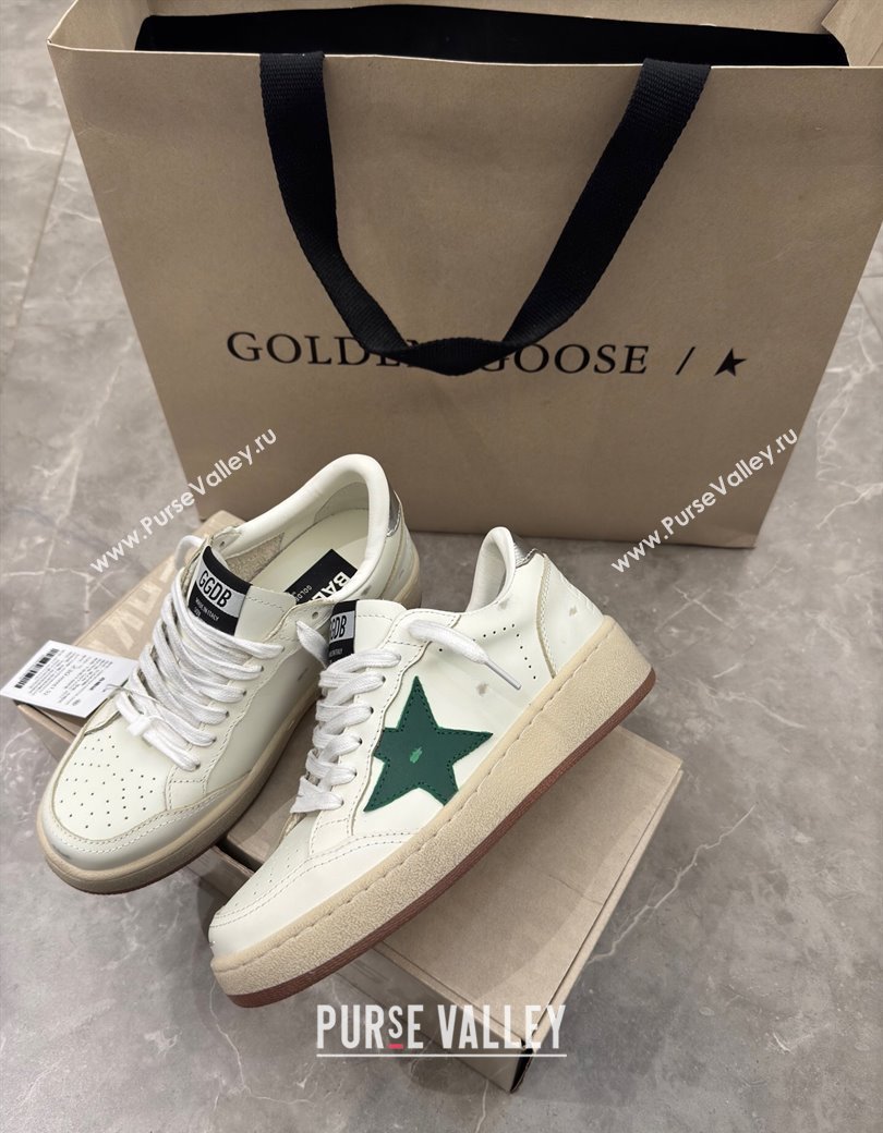Golden Goose Womens Ball Star 2 Sneakers with green leather star and metallic leather heel tab 2025 0221 (13-250221010)