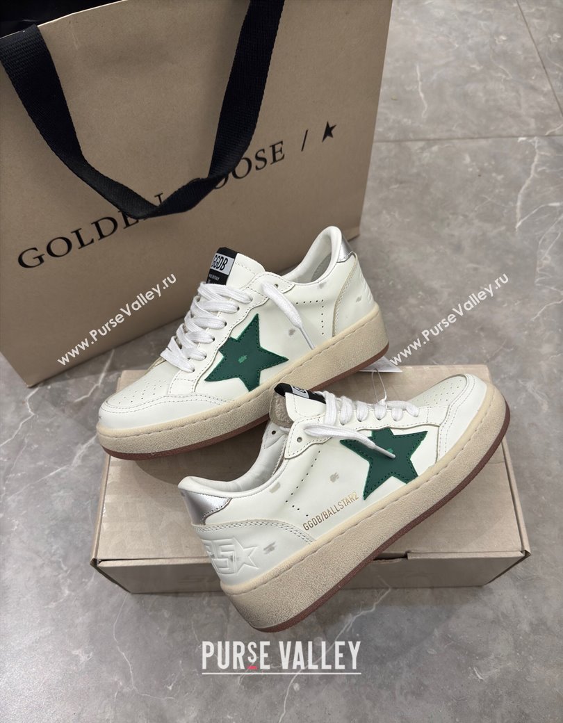 Golden Goose Womens Ball Star 2 Sneakers with green leather star and metallic leather heel tab 2025 0221 (13-250221010)