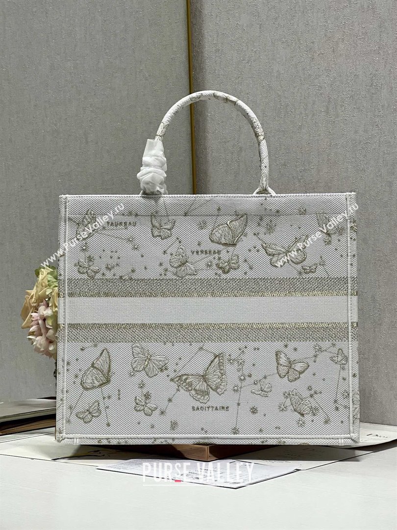 Dior Large Book Tote Bag in Gold-Tone and White Butterfly Zodiac Embroidery 2023 (DL-23122932)