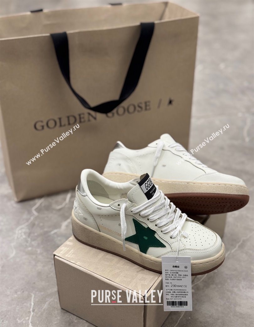 Golden Goose Womens Ball Star 2 Sneakers with green leather star and metallic leather heel tab 2025 0221 (13-250221010)