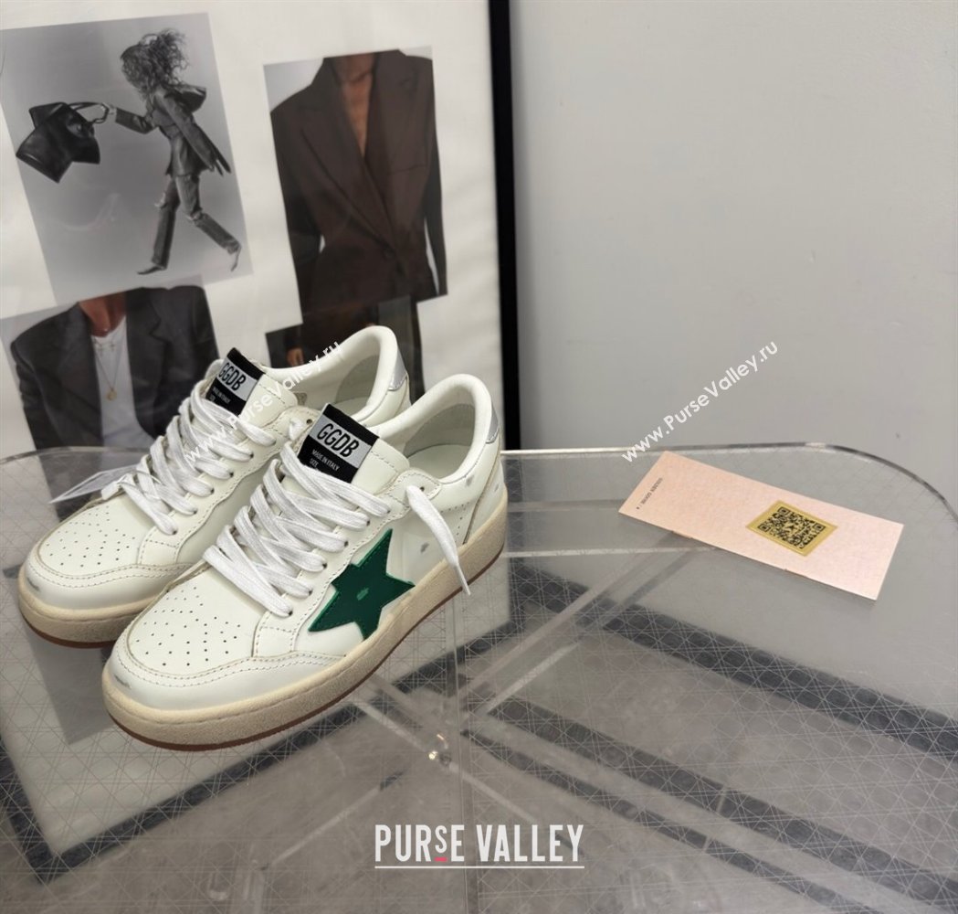 Golden Goose Womens Ball Star 2 Sneakers with green leather star and metallic leather heel tab 2025 0221 (13-250221010)