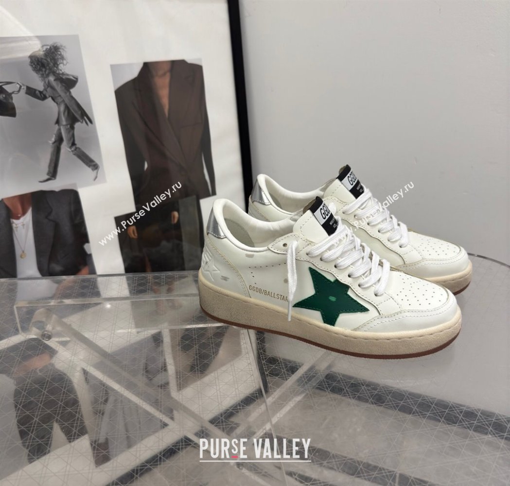 Golden Goose Womens Ball Star 2 Sneakers with green leather star and metallic leather heel tab 2025 0221 (13-250221010)