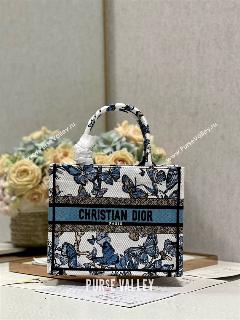 Dior Small Book Tote Bag in White and Pastel Midnight Blue Toile de Jouy Mexico Embroidery 2023 (DL-23122928)