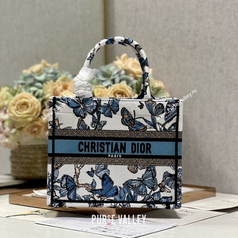 Dior Small Book Tote Bag in White and Pastel Midnight Blue Toile de Jouy Mexico Embroidery 2023 (DL-23122928)