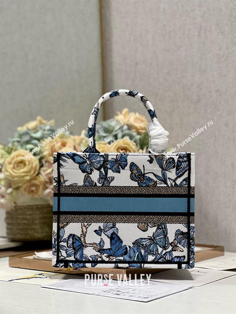 Dior Small Book Tote Bag in White and Pastel Midnight Blue Toile de Jouy Mexico Embroidery 2023 (DL-23122928)