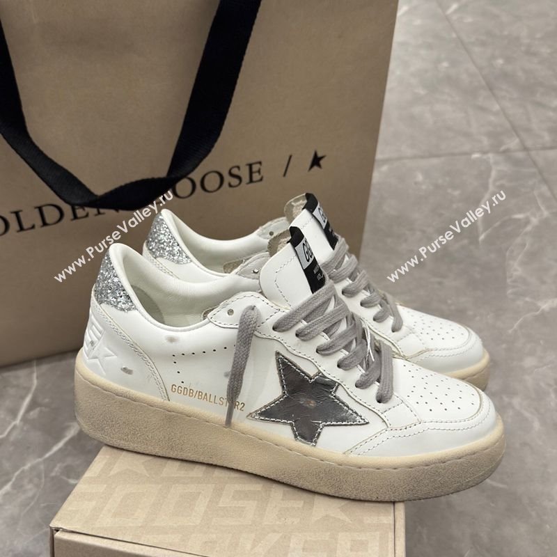 Golden Goose Womens Ball Star 2 Sneakers with silver leather star and silver glitter heel tab 2025 0221 (13-250221012)