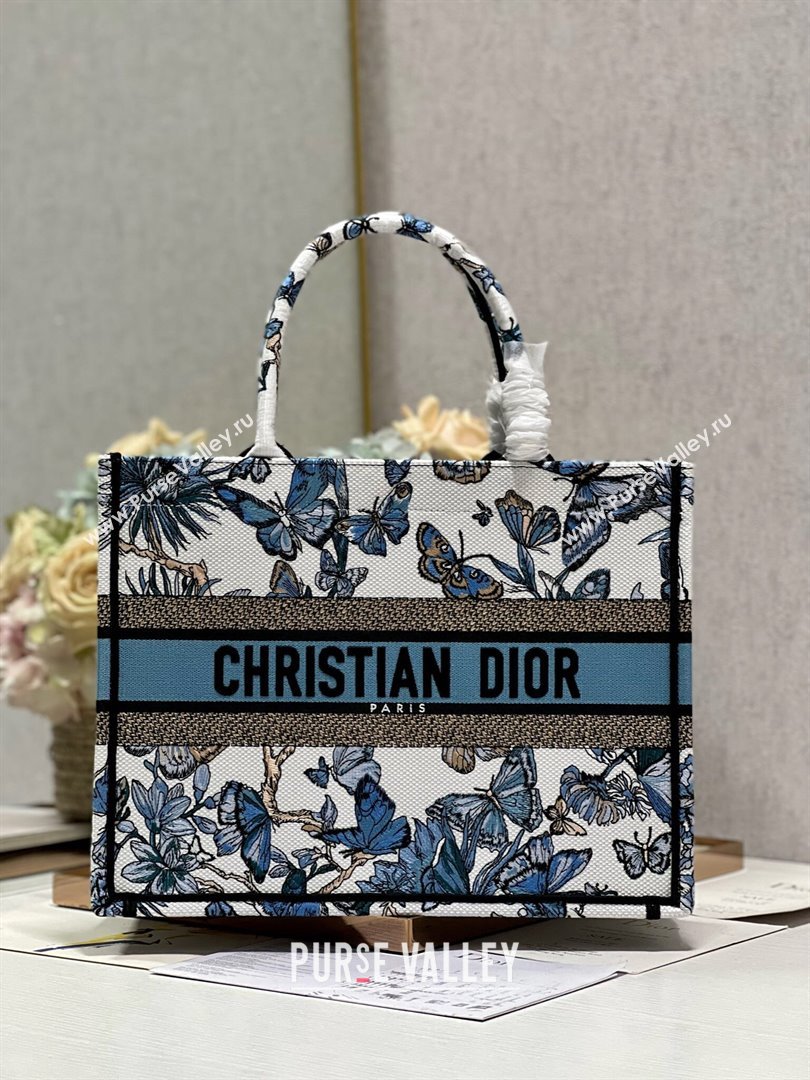 Dior Medium Book Tote Bag in White and Pastel Midnight Blue Toile de Jouy Mexico Embroidery 2023 (DL-23122929)