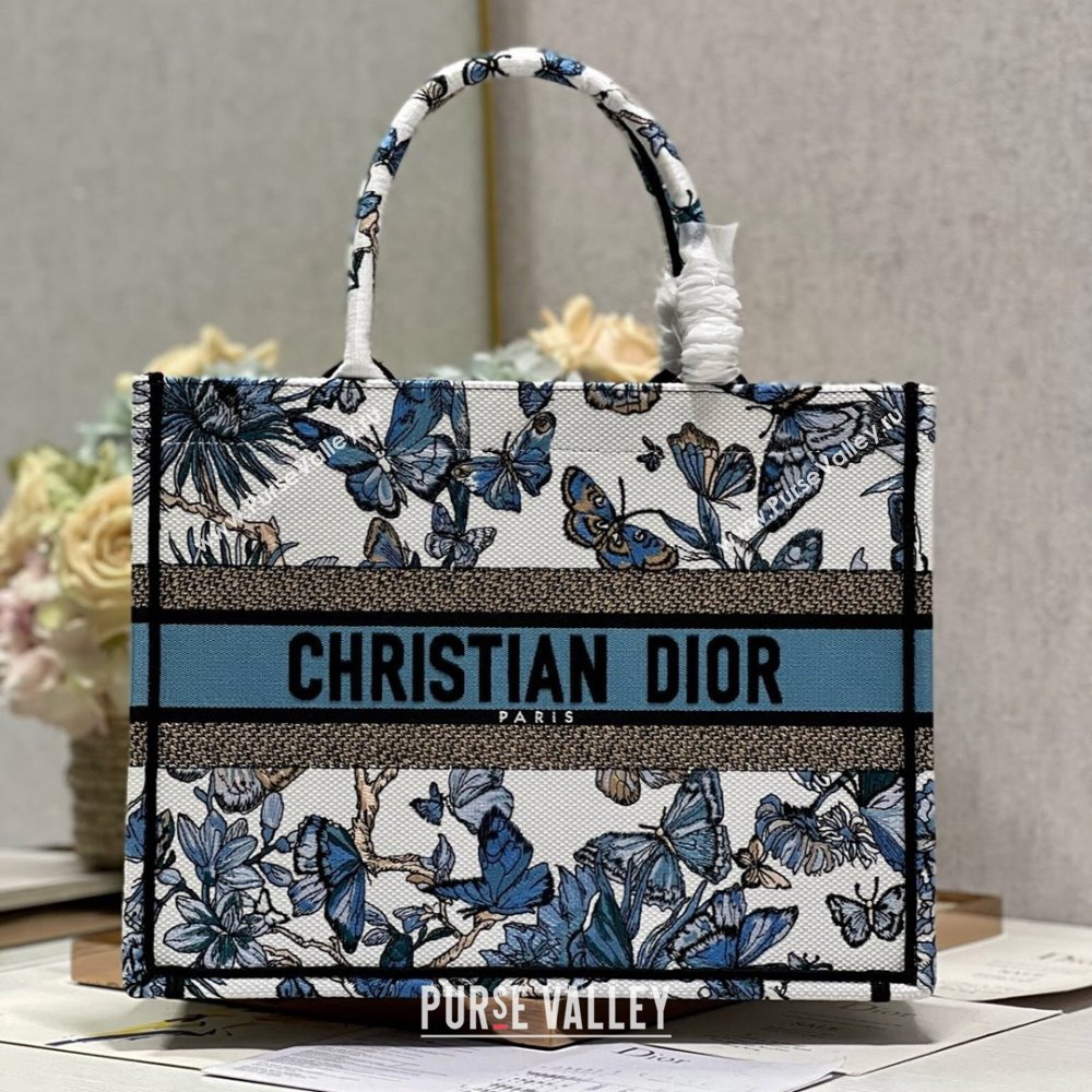 Dior Medium Book Tote Bag in White and Pastel Midnight Blue Toile de Jouy Mexico Embroidery 2023 (DL-23122929)