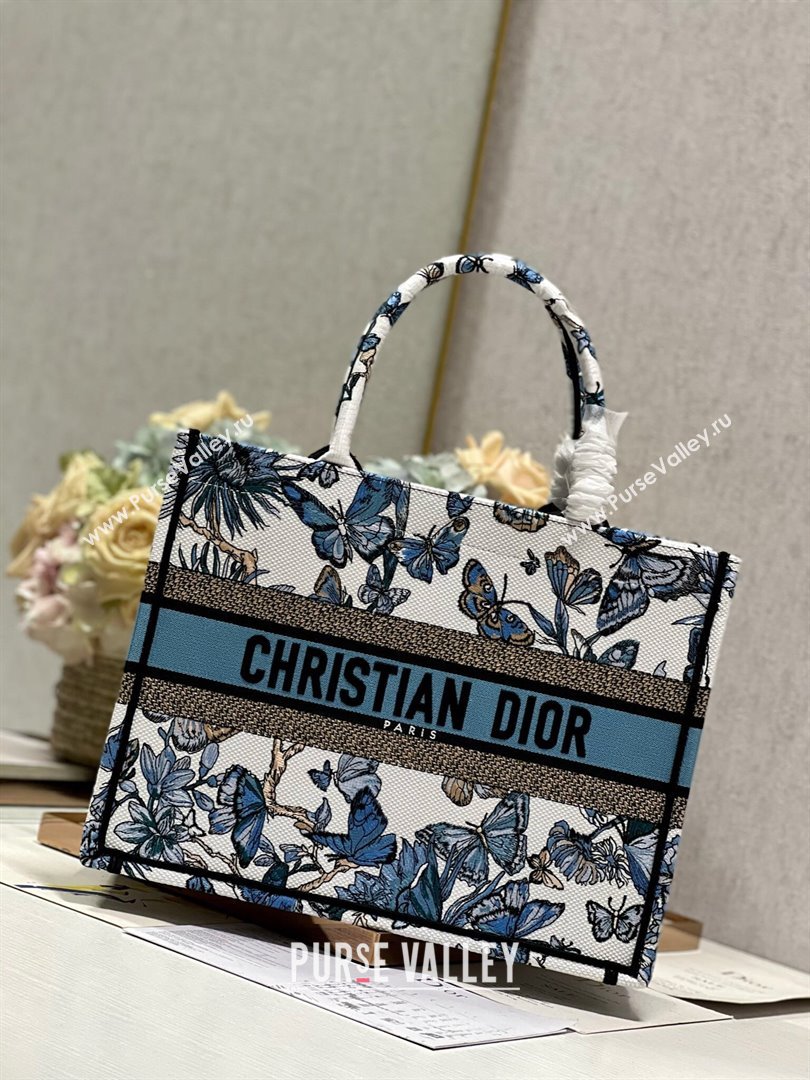 Dior Medium Book Tote Bag in White and Pastel Midnight Blue Toile de Jouy Mexico Embroidery 2023 (DL-23122929)