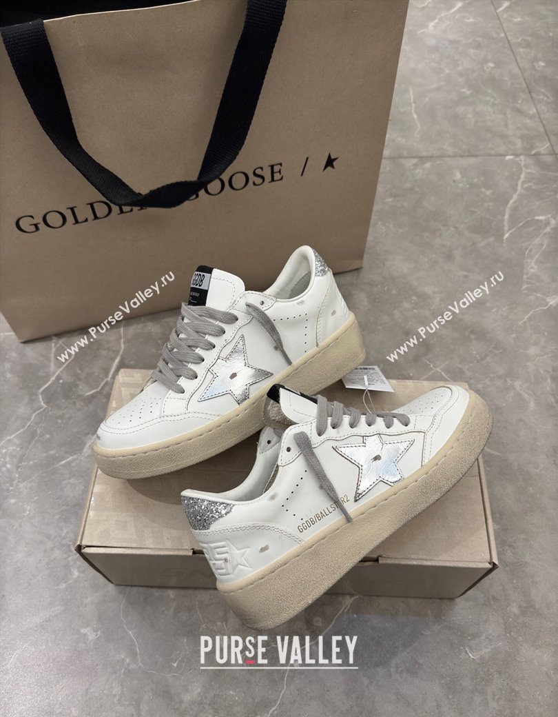 Golden Goose Womens Ball Star 2 Sneakers with silver leather star and silver glitter heel tab 2025 0221 (13-250221012)