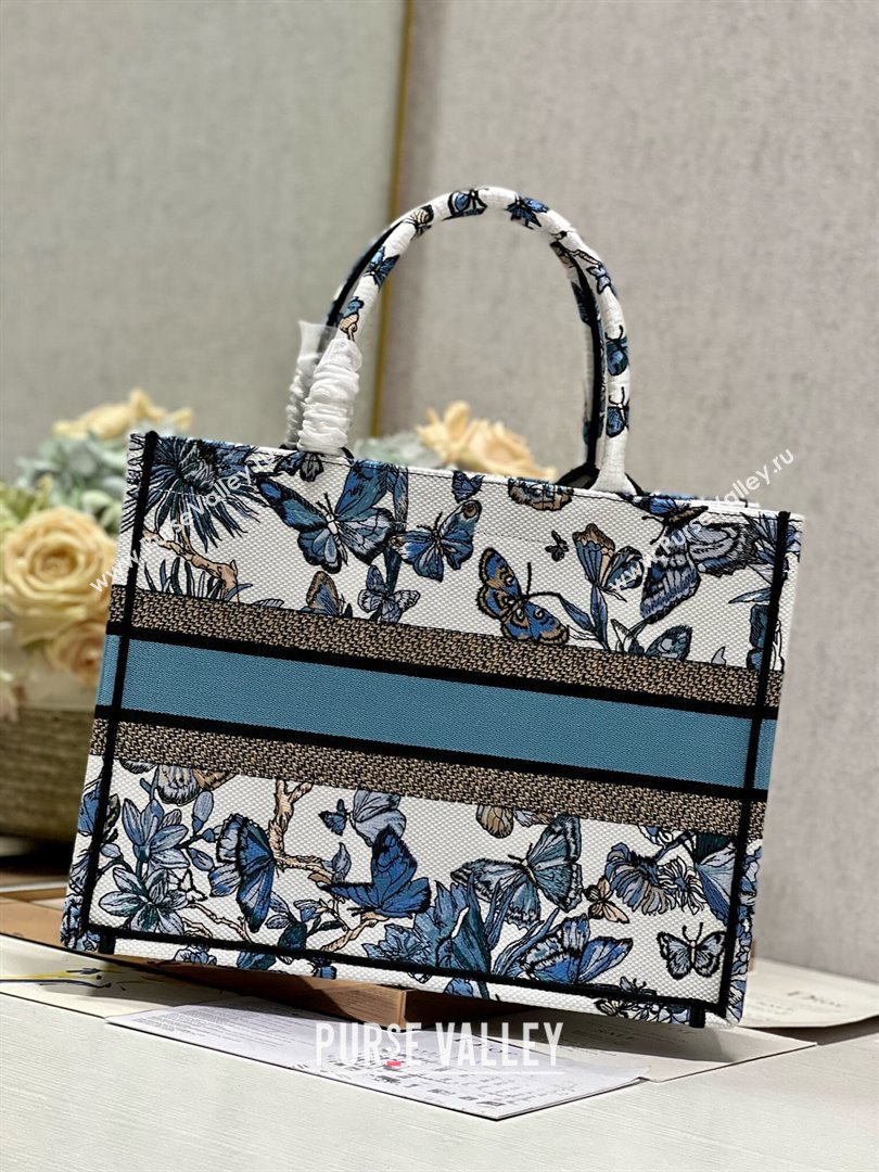 Dior Medium Book Tote Bag in White and Pastel Midnight Blue Toile de Jouy Mexico Embroidery 2023 (DL-23122929)