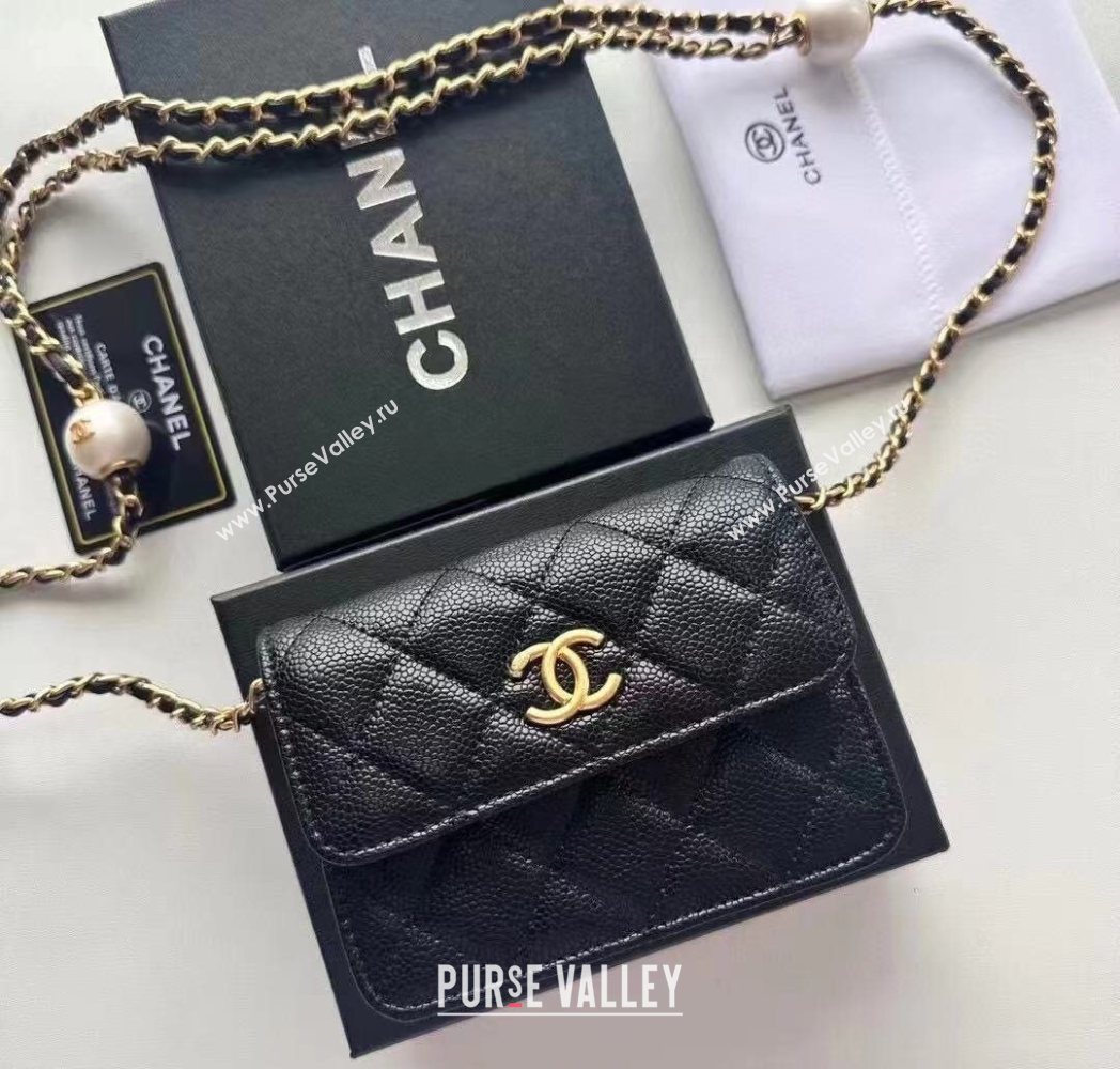 Chanel Grained Calfskin Clutch with Chain and Pearls Black 2025 0618 (99-250618005)