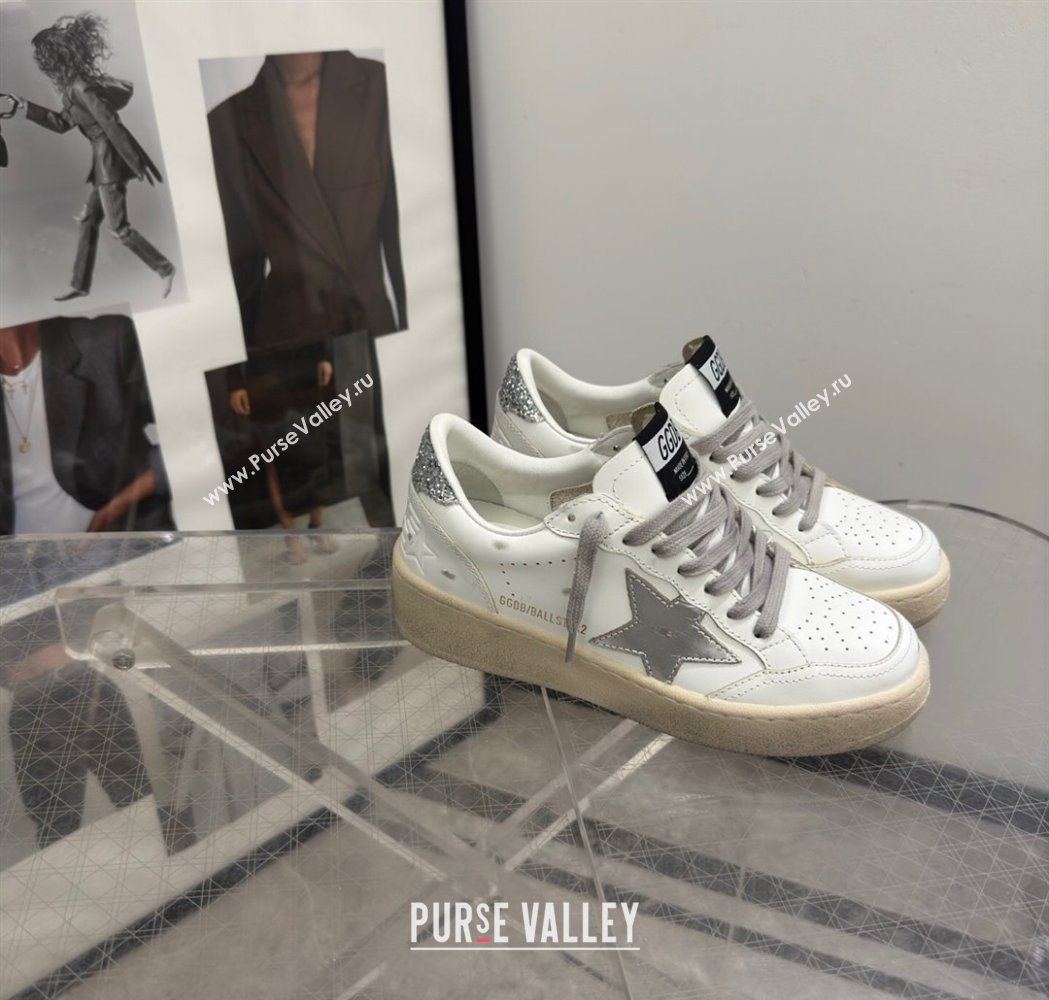 Golden Goose Womens Ball Star 2 Sneakers with silver leather star and silver glitter heel tab 2025 0221 (13-250221012)