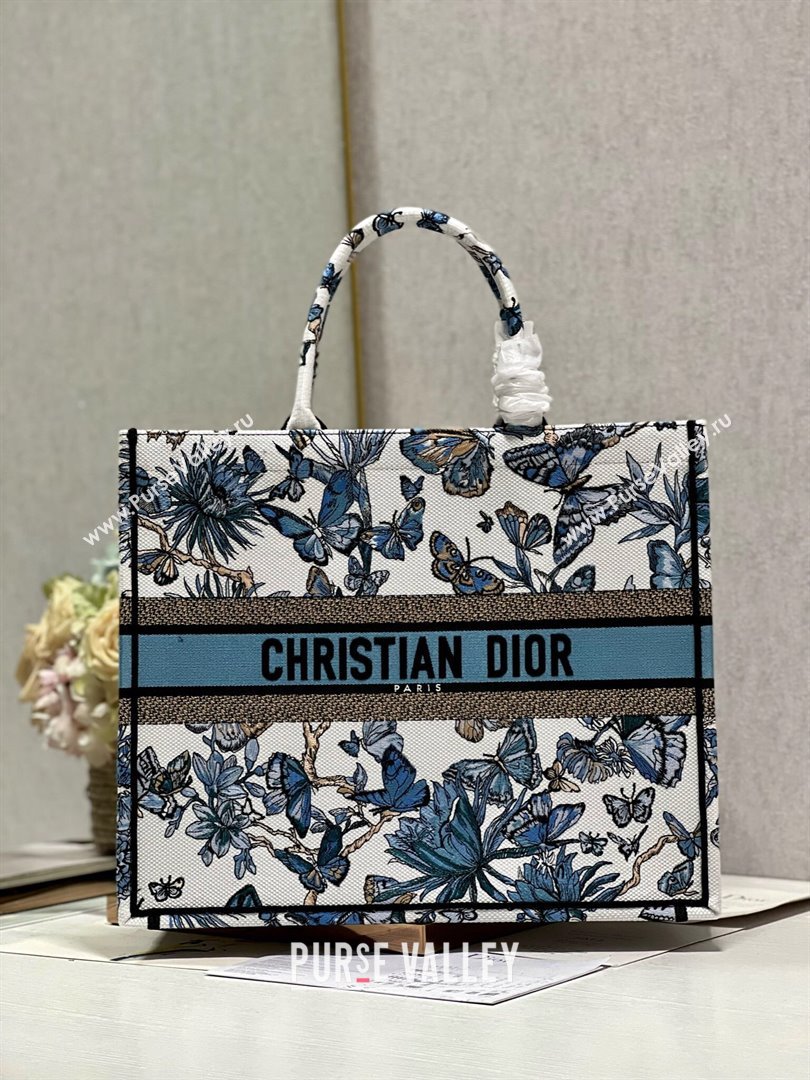 Dior Large Book Tote Bag in White and Pastel Midnight Blue Toile de Jouy Mexico Embroidery 2023 (DL-23122930)