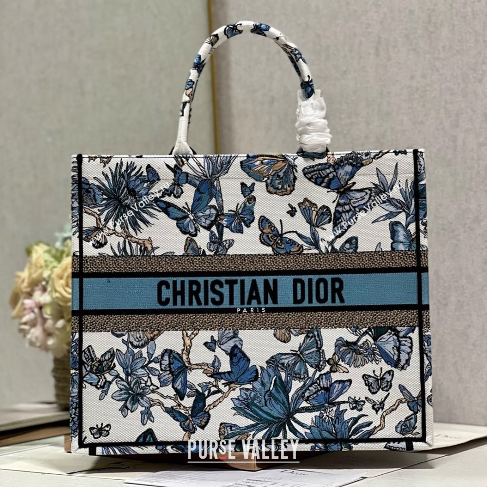 Dior Large Book Tote Bag in White and Pastel Midnight Blue Toile de Jouy Mexico Embroidery 2023 (DL-23122930)