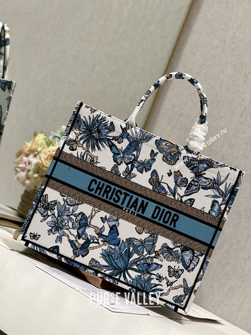 Dior Large Book Tote Bag in White and Pastel Midnight Blue Toile de Jouy Mexico Embroidery 2023 (DL-23122930)