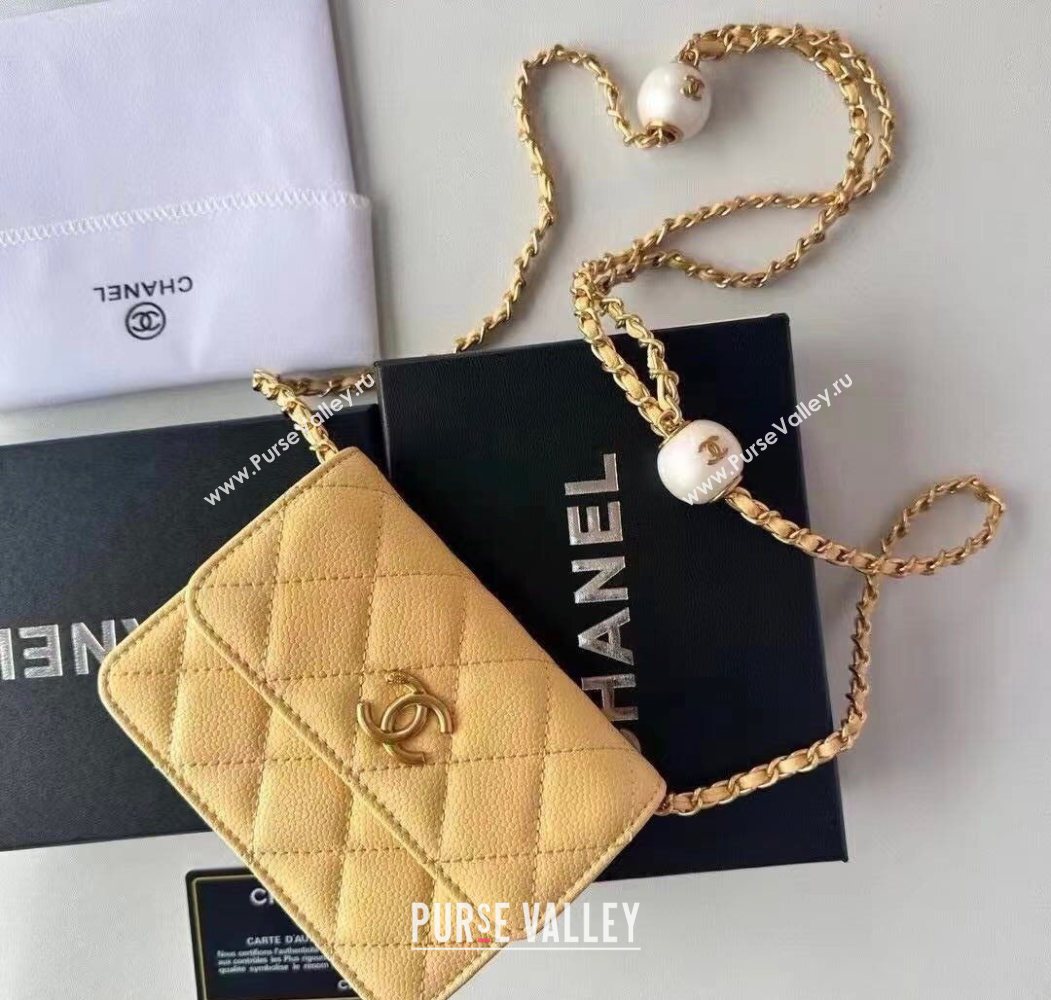 Chanel Grained Calfskin Clutch with Chain and Pearls Yellow 2025 0618 (99-250618007)