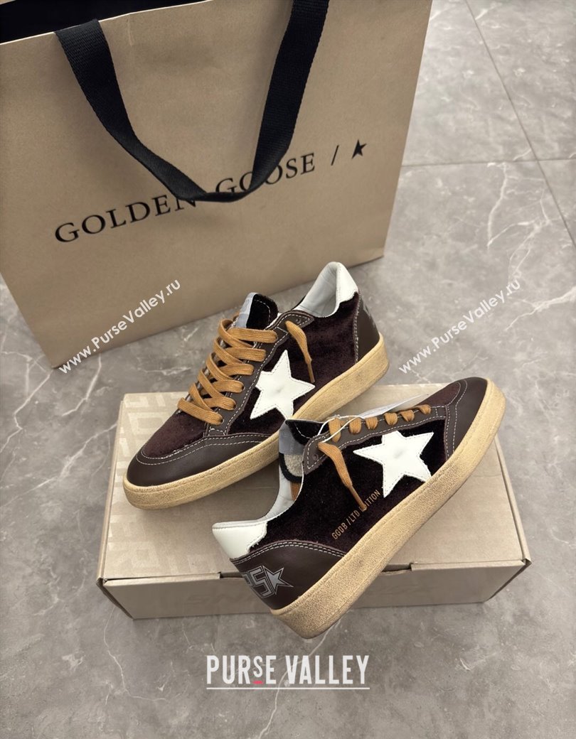 Golden Goose Womens Ball Star Sneakers in brown velvet with white leather star and heel tab 2025 0221 (13-250221014)