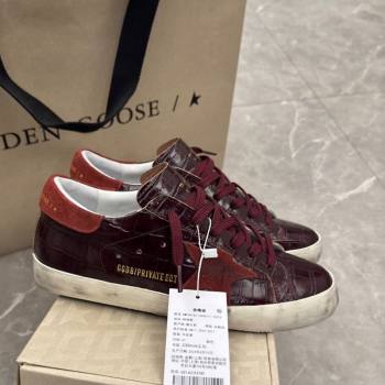 Golden Goose Womens Super-Star Sneakers in Dark Burgundy Crocodile Embossed Leather 2025 0221 (13-250221004)