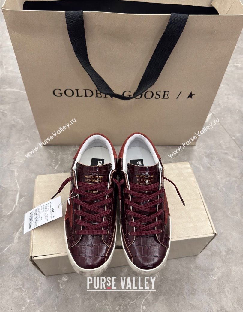 Golden Goose Womens Super-Star Sneakers in Dark Burgundy Crocodile Embossed Leather 2025 0221 (13-250221004)