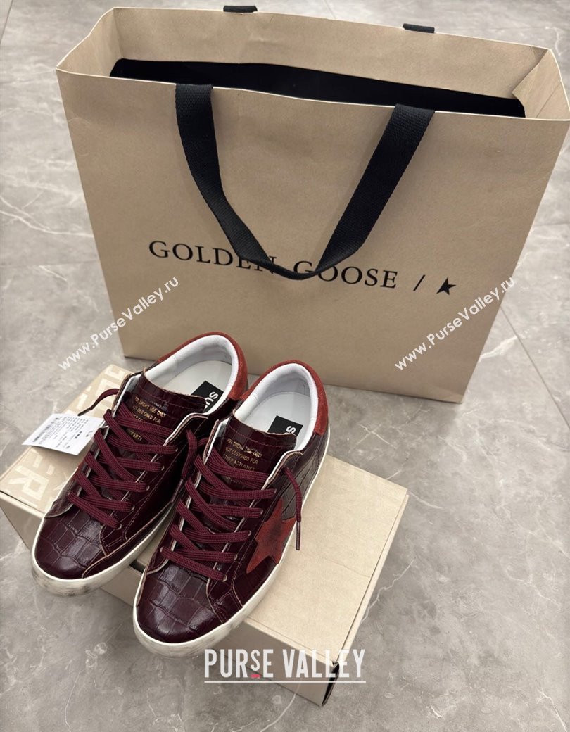 Golden Goose Womens Super-Star Sneakers in Dark Burgundy Crocodile Embossed Leather 2025 0221 (13-250221004)