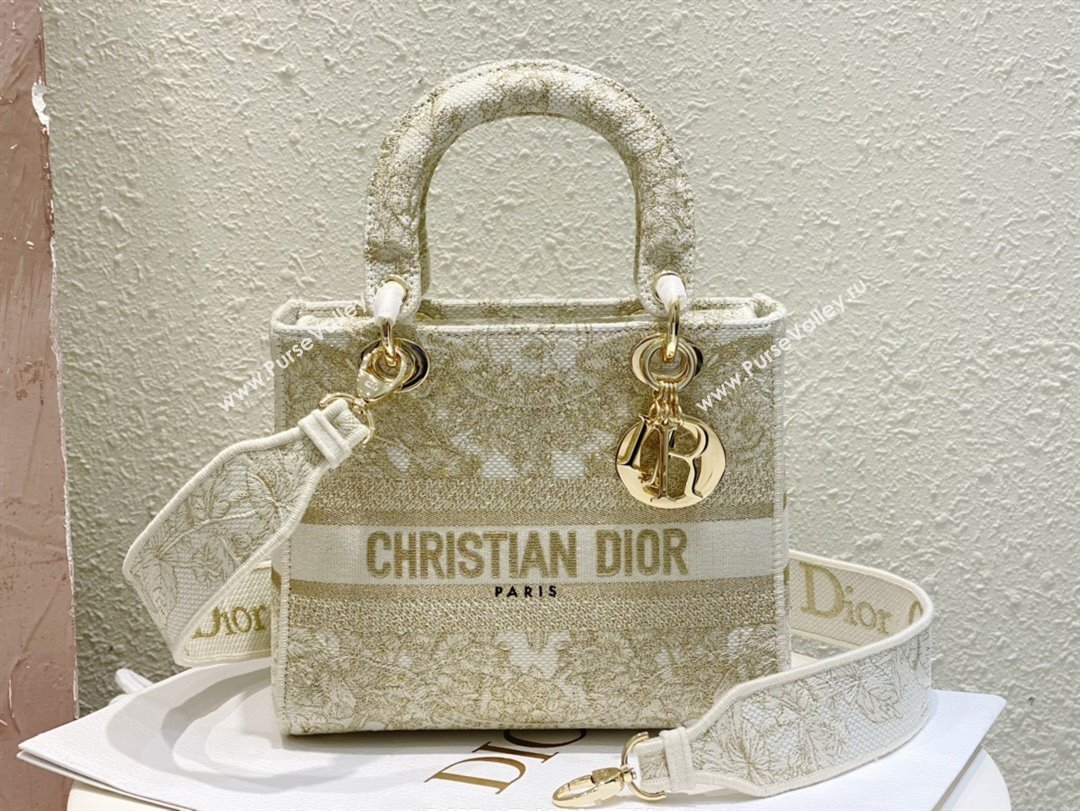 Dior Medium Lady D-Lite Bag in Gold-Tone and White Butterfly Around The World Embroidery 2024 (DMZ-24022803)