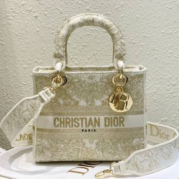 Dior Medium Lady D-Lite Bag in Gold-Tone and White Butterfly Around The World Embroidery 2024 (DMZ-24022803)