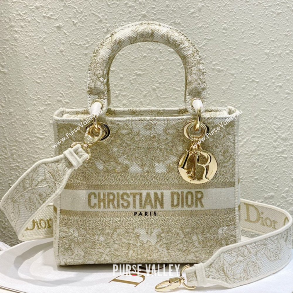 Dior Medium Lady D-Lite Bag in Gold-Tone and White Butterfly Around The World Embroidery 2024 (DMZ-24022803)